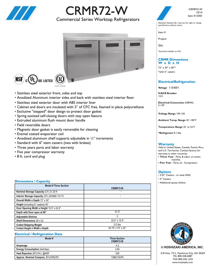 Page 1 of the manual Technical Sheet Hoshizaki CRMR72-W