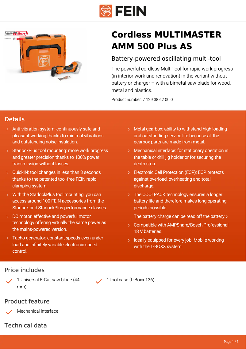 Page 1 of the manual Technical Sheet Fein Multimaster AMM 500 Plus AS