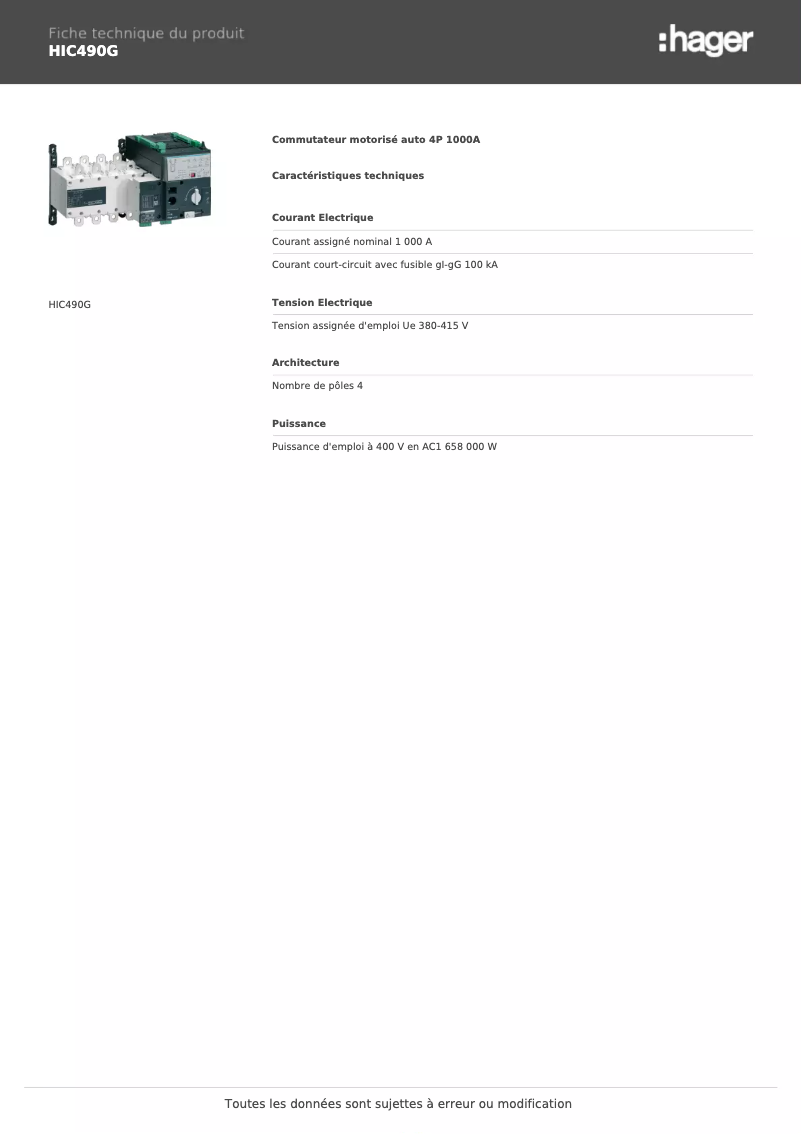 Page 1 of the manual Technical Sheet Hager HIC490G