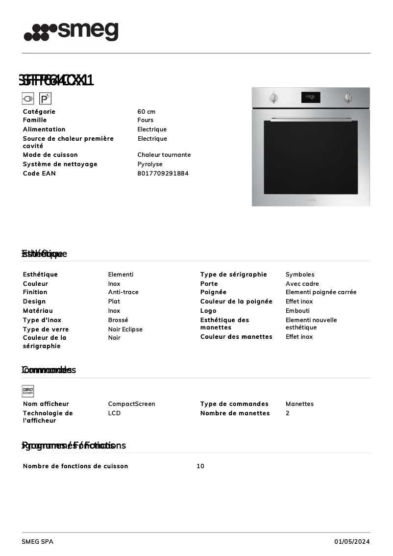 Page 1 of the manual Technical Sheet Smeg SFP64CX1