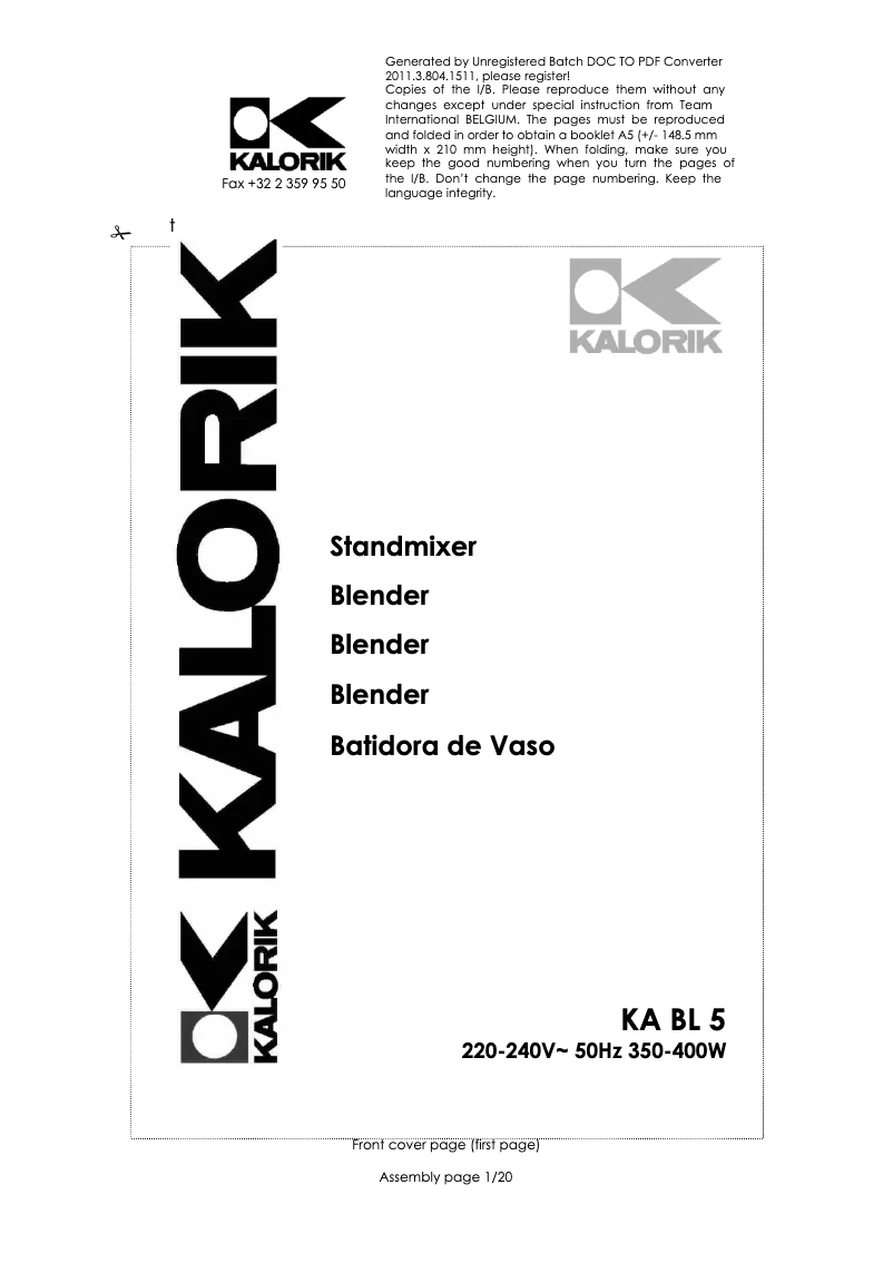 Page 1 of the manual User Manual Kalorik KA BL 5