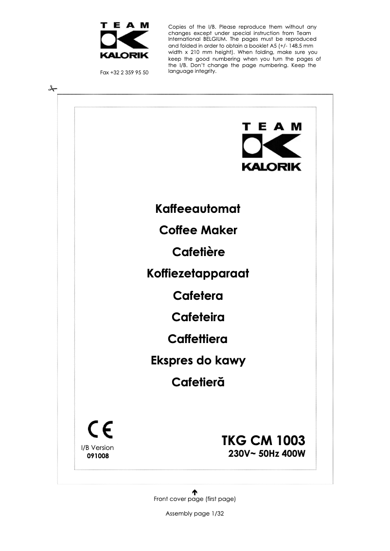 Page 1 of the manual User Manual Kalorik TKG CM 1003