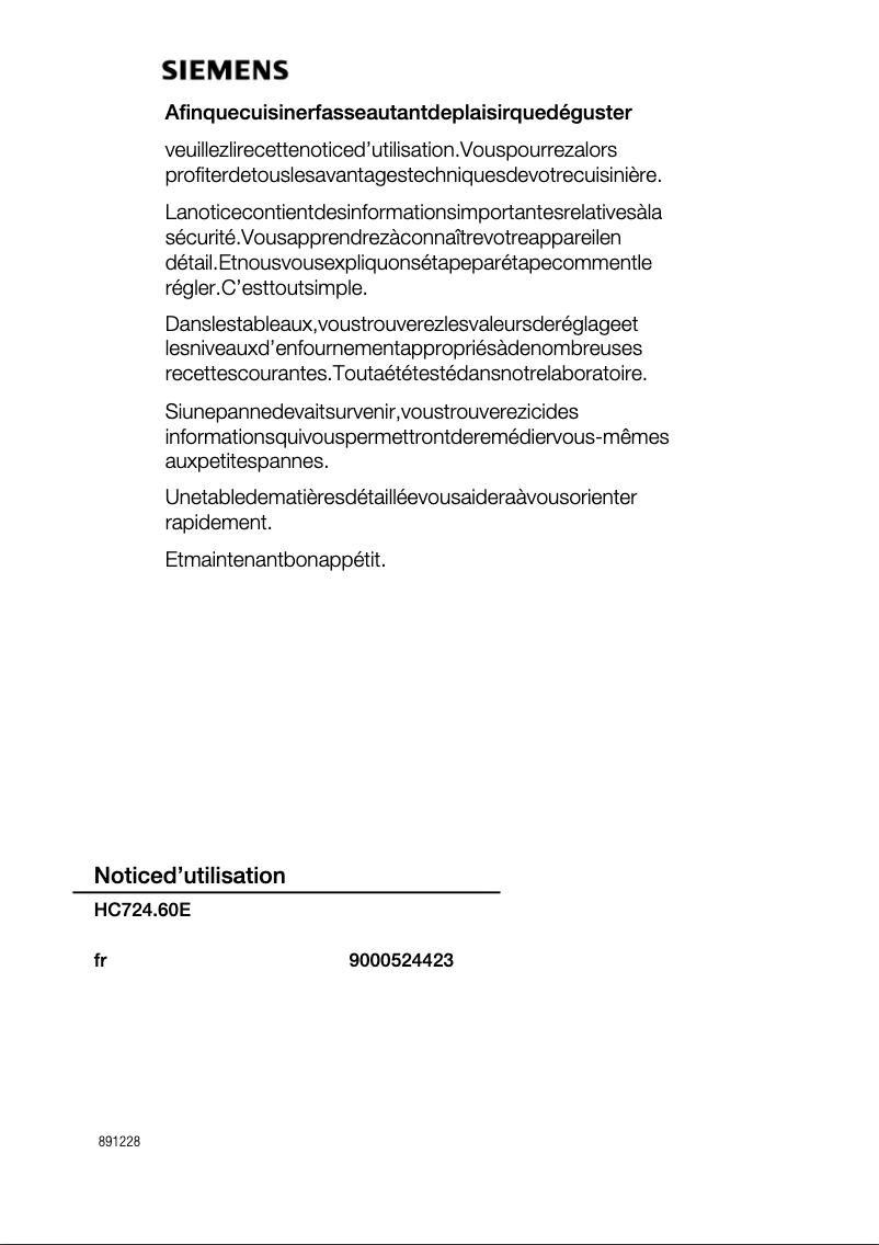 Page 1 of the manual User Manual Siemens HC724260E