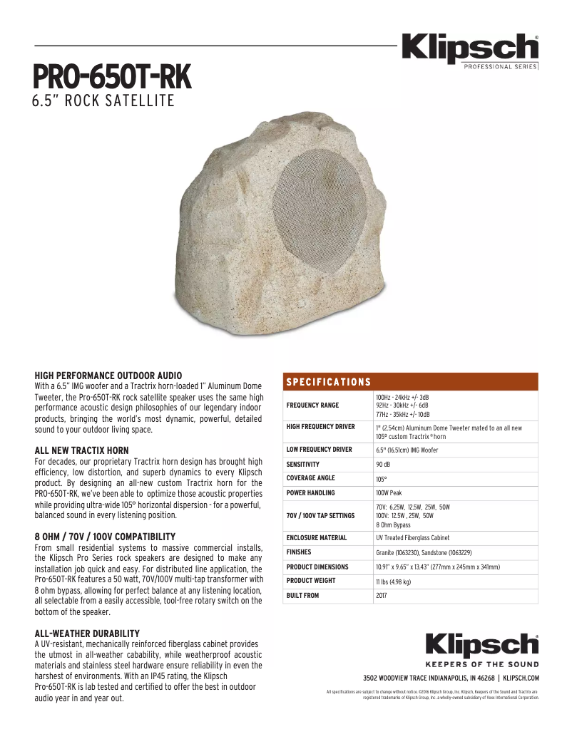 Page 1 of the manual Technical Sheet Klipsch PRO-650-T-RK