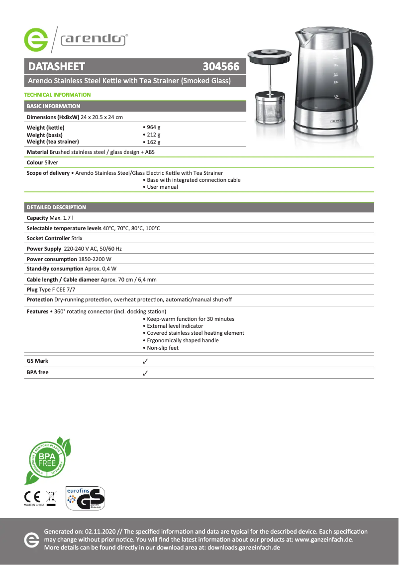 Page 1 of the manual Technical Sheet Arendo Infusion 304566