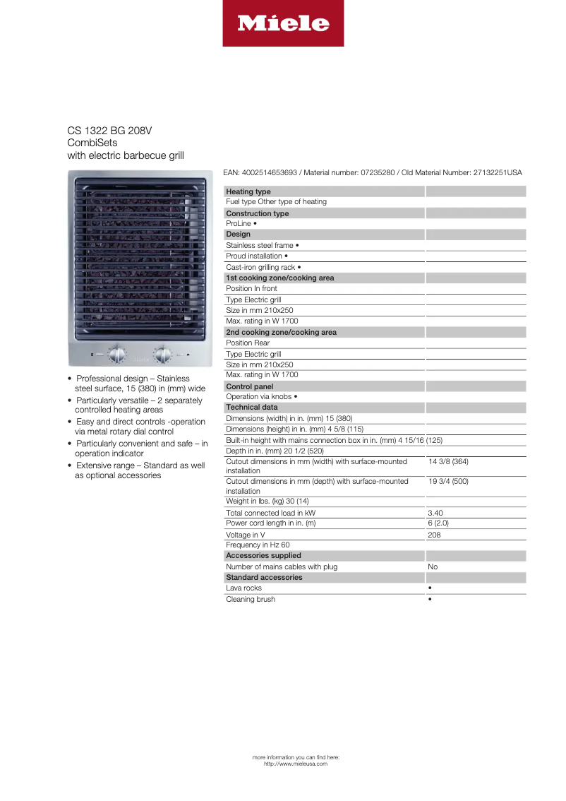 Page 1 of the manual Technical Sheet Miele CS 1322