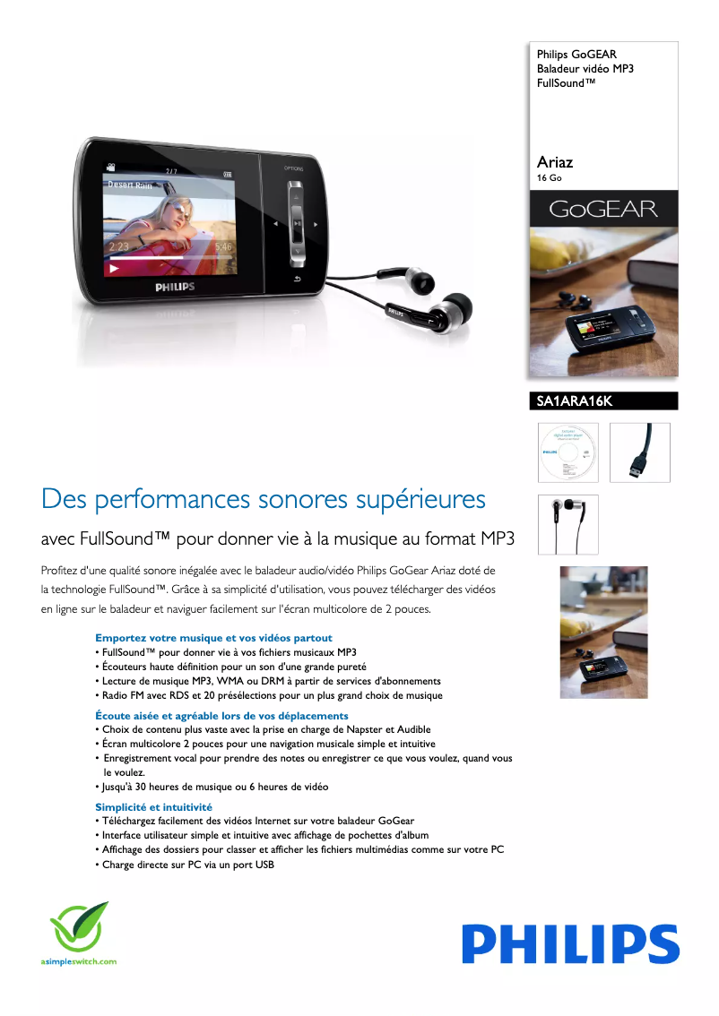 First page image of the manual for GoGear SA1ARA16K