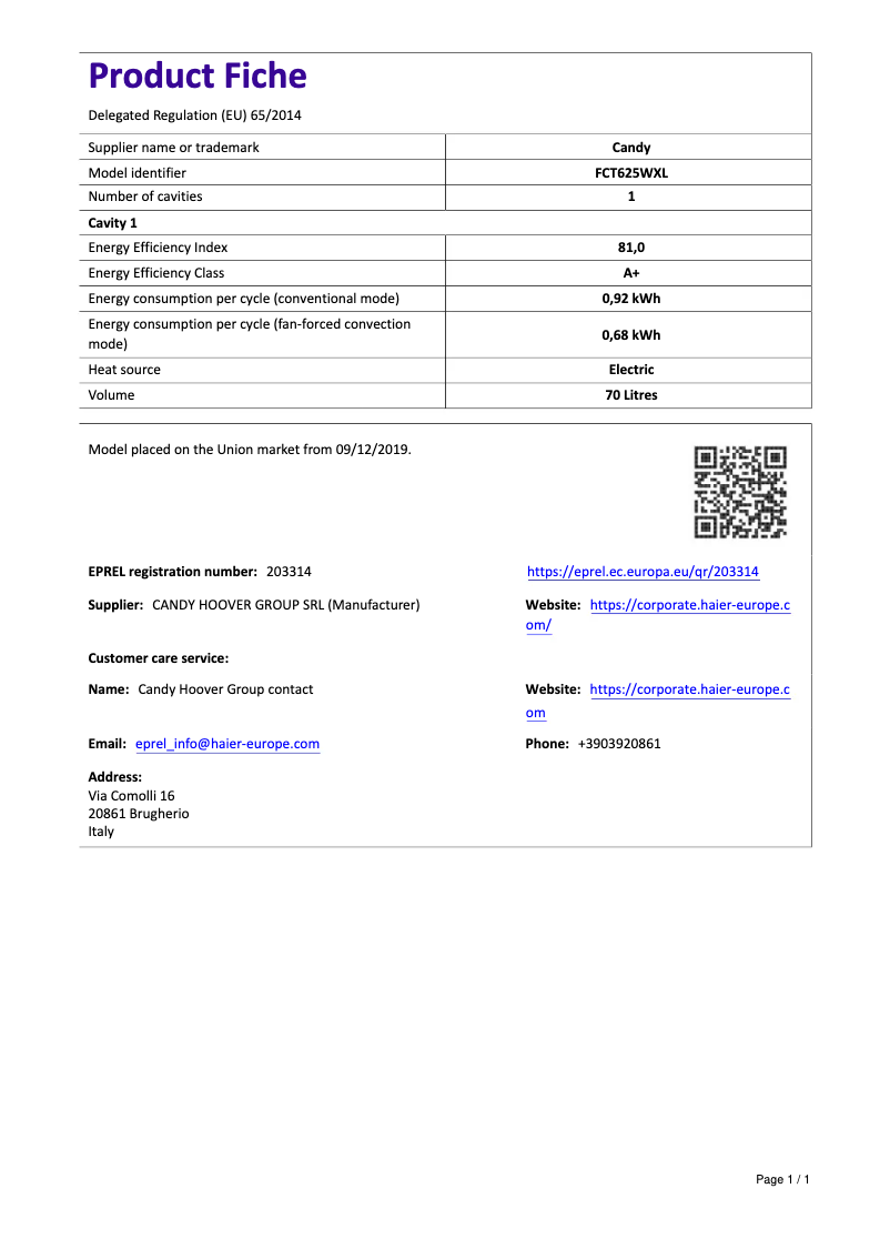 First page image of the manual for FCT625WXL