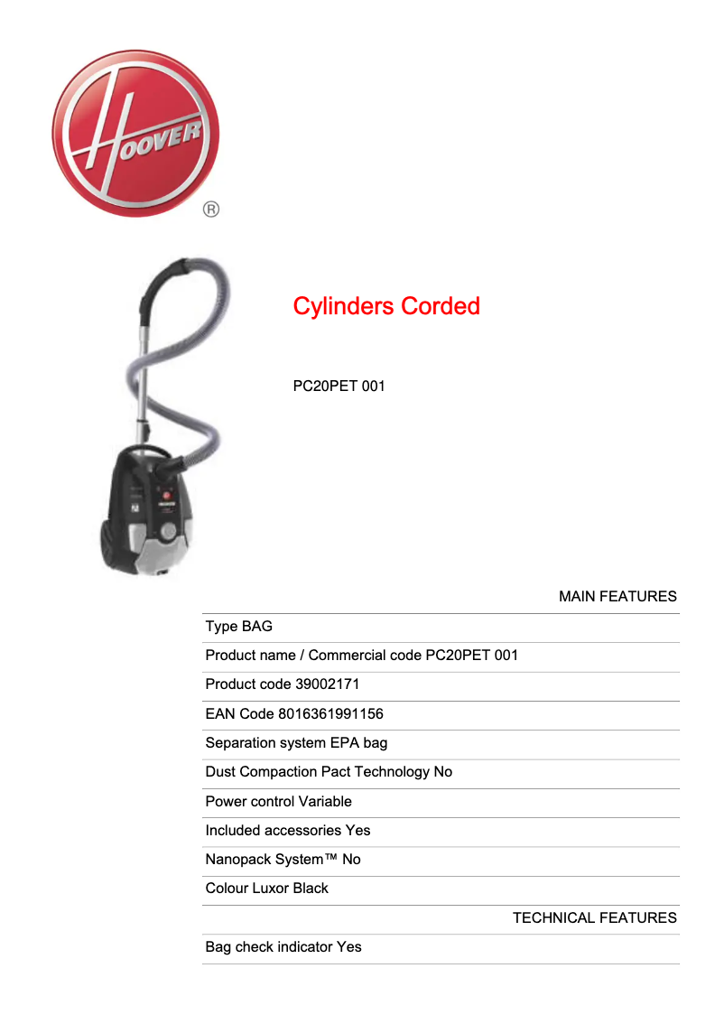 Page 1 of the manual Technical Sheet Hoover Power Capsule PC20PET 001