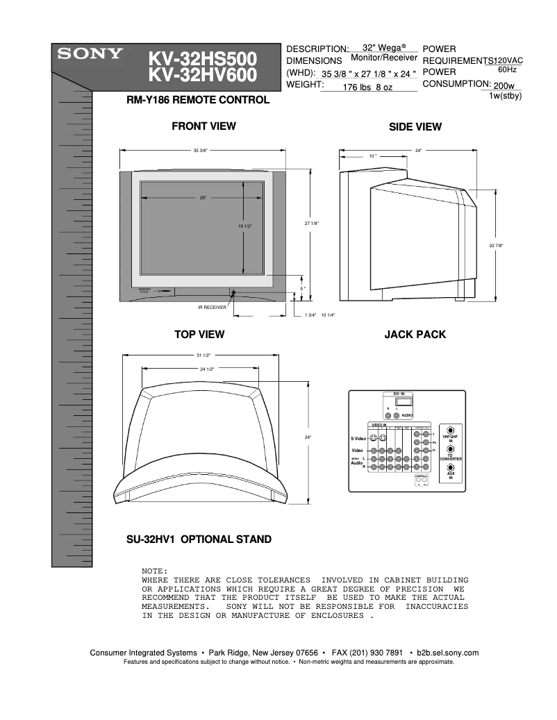 Page 1 of the manual Installation Guide Sony KV-32HV600