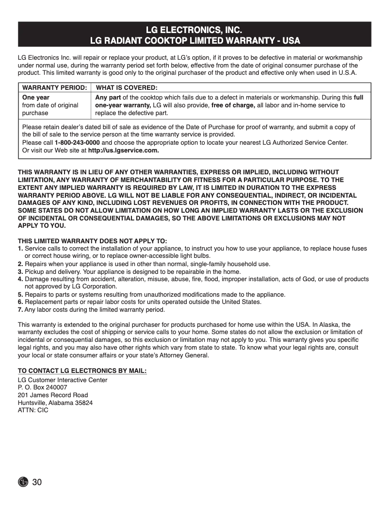 Page 1 of the manual Warranty Information LG LCE3610SB