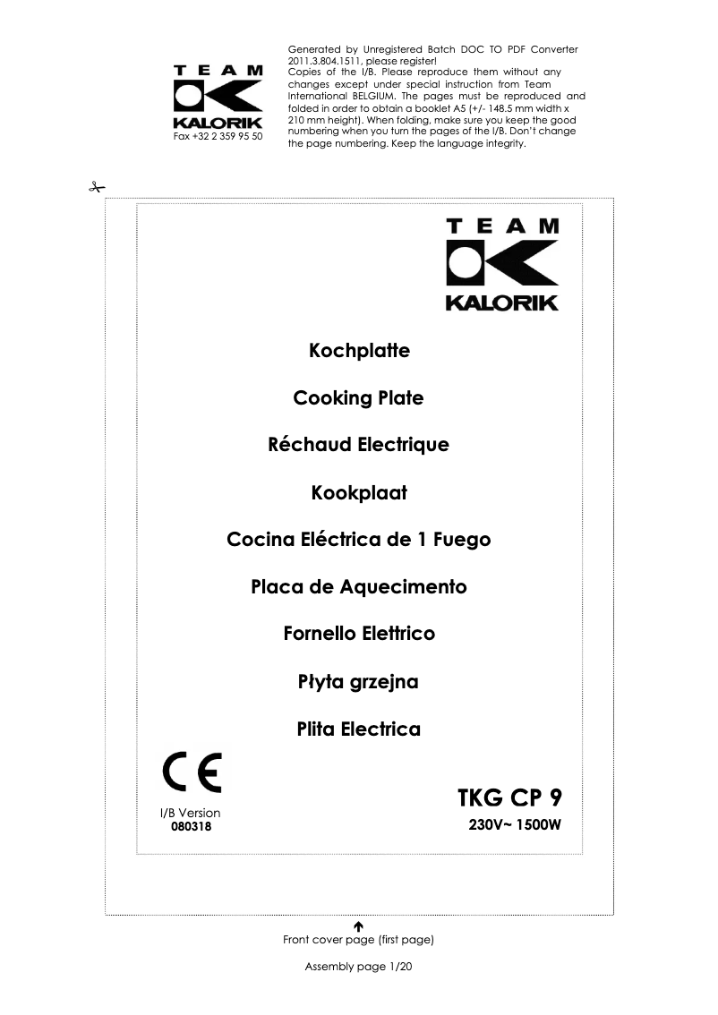 First page image of the manual for TKG CP 9