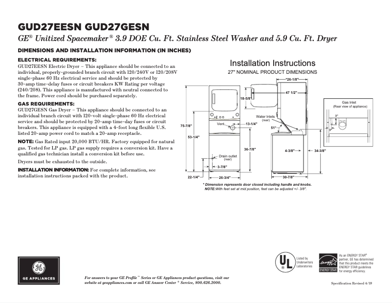 First page image of the manual for GUD27SNWW