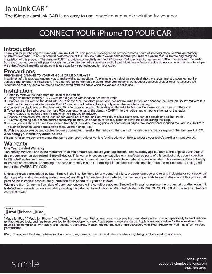 First page image of the manual for JamLink CAR IS7505