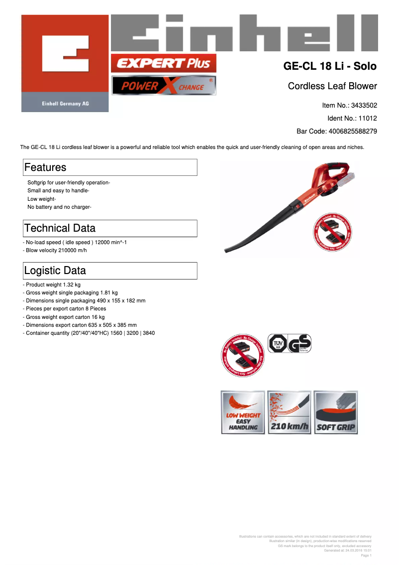 Page 1 of the manual Technical Sheet Einhell GE-CL 18 Li-Solo