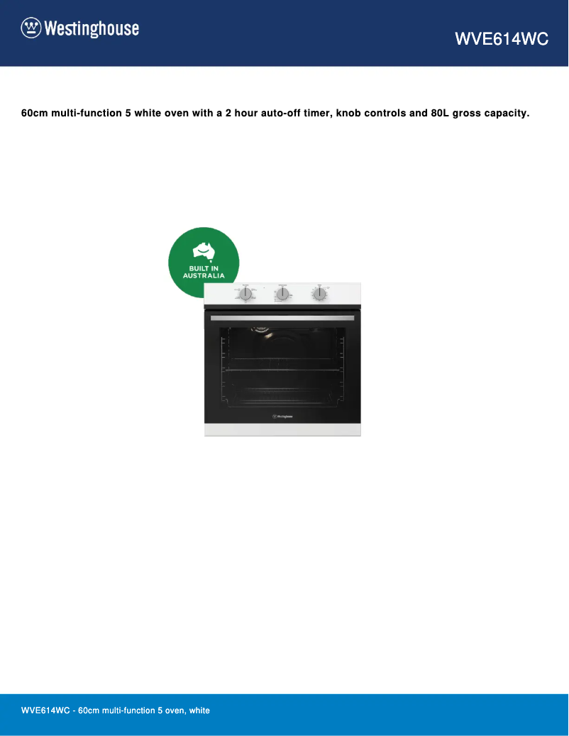 Page 1 of the manual Technical Sheet Westinghouse WVE614WC