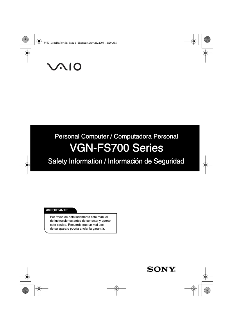First page image of the manual for Vaio VGN-FS780