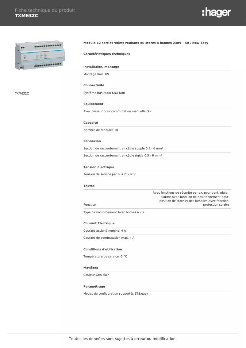 Page 1 of the manual Technical Sheet Hager TXM632C