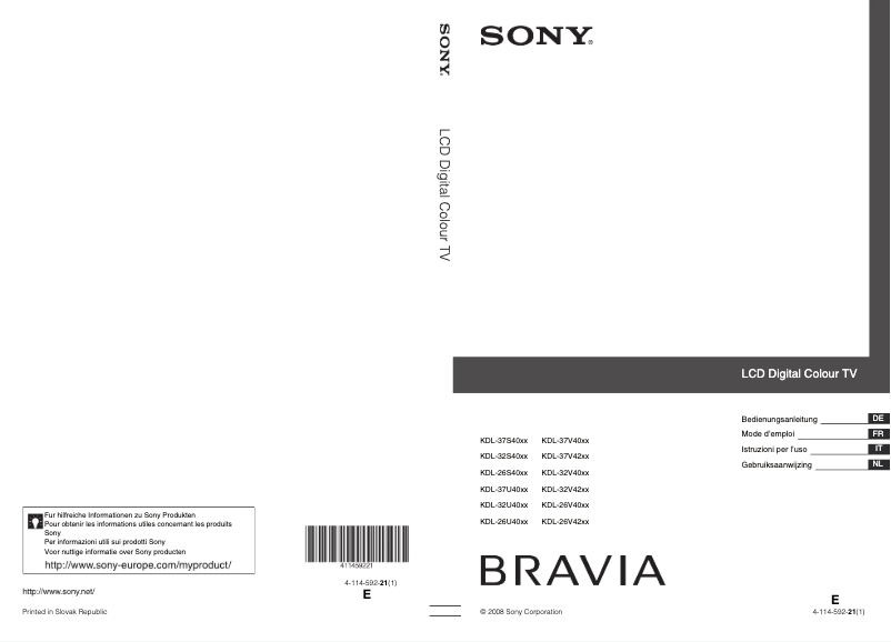 Page 1 of the manual User Manual Sony Bravia KDL-26S4000K