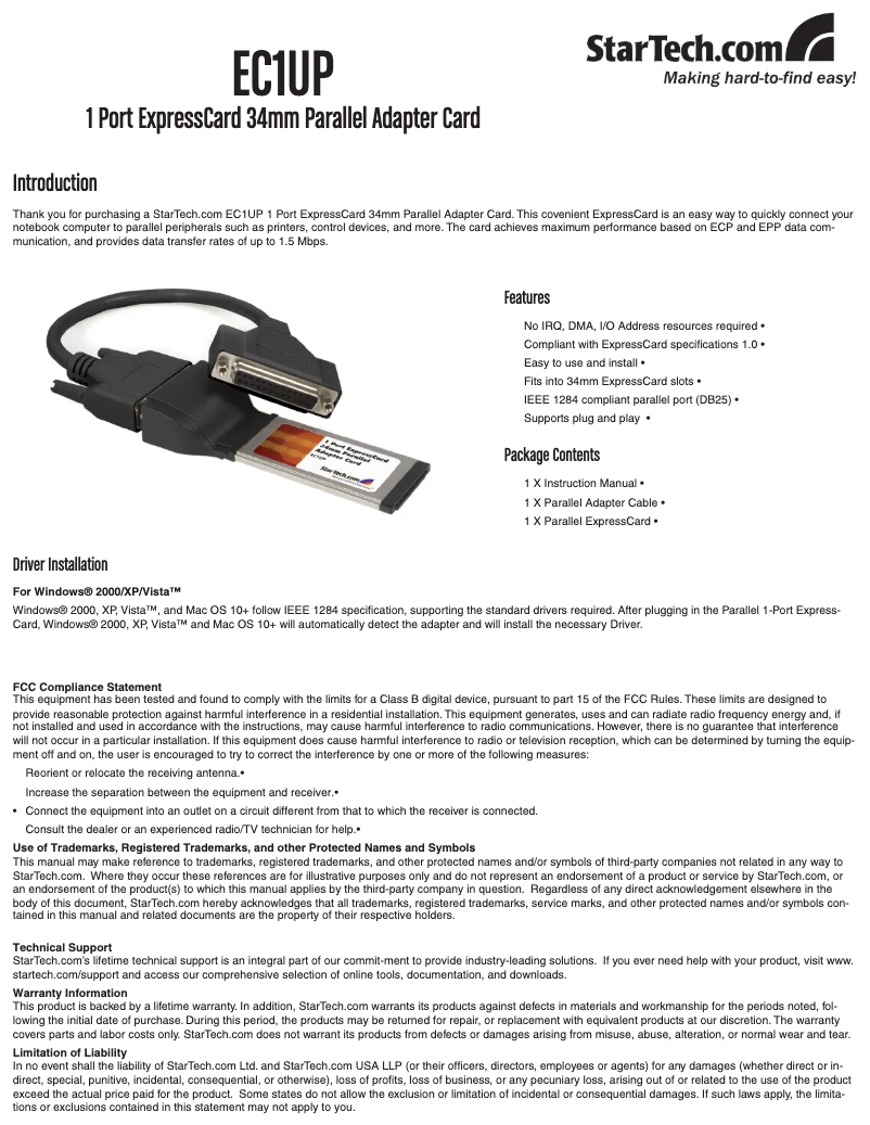 Page 1 of the manual User Manual StarTech.com EC1UP