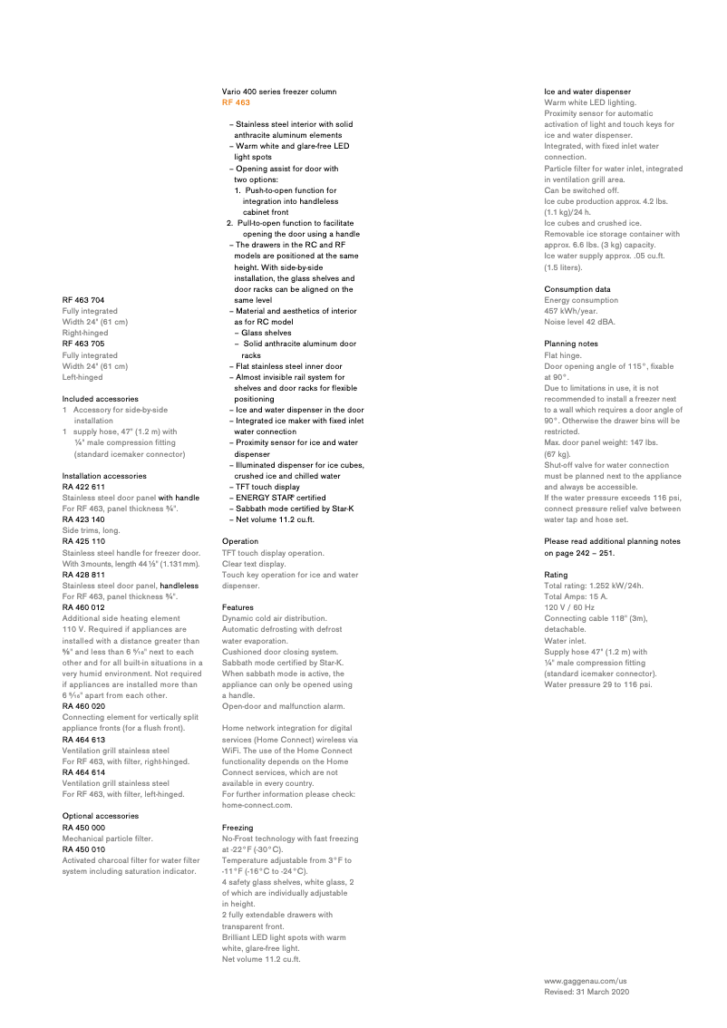 Page 1 de la notice Fiche technique Gaggenau RF463704
