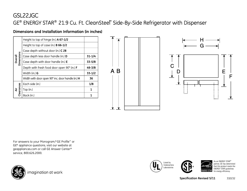 Page 1 of the manual Technical Sheet GE GSL22JGCLS