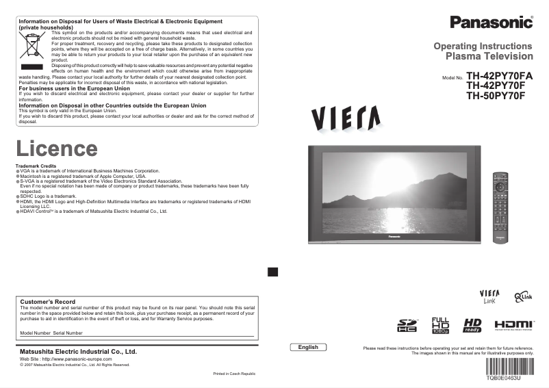 Page 1 of the manual User Manual Panasonic Viera TH-50PY70F