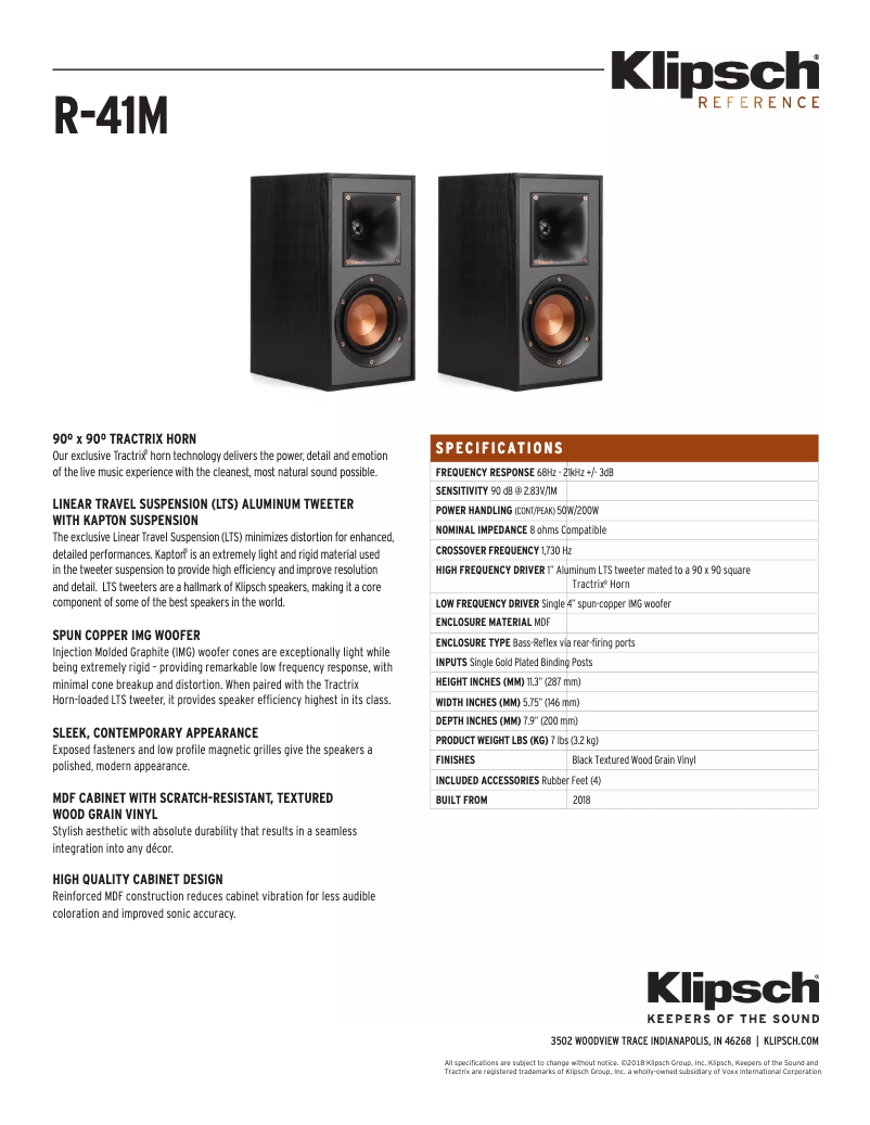 Page 1 of the manual Technical Sheet Klipsch Reference R-41M