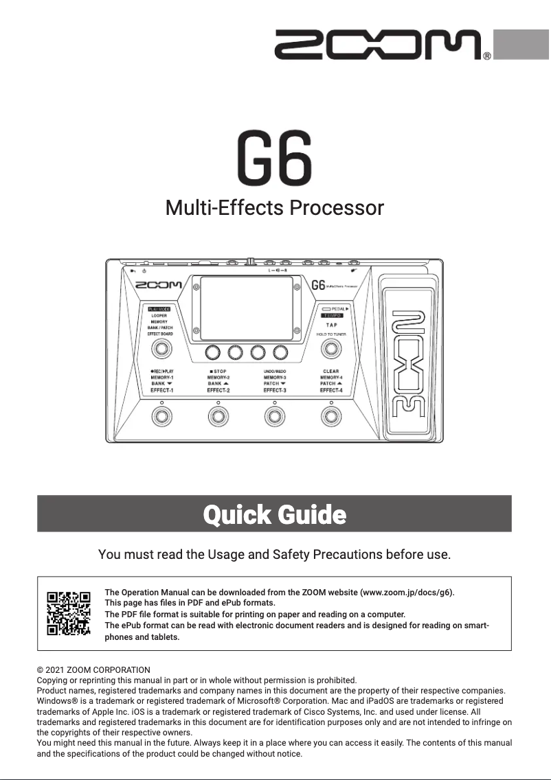 Page 1 of the manual Quick Start Guide Zoom G6