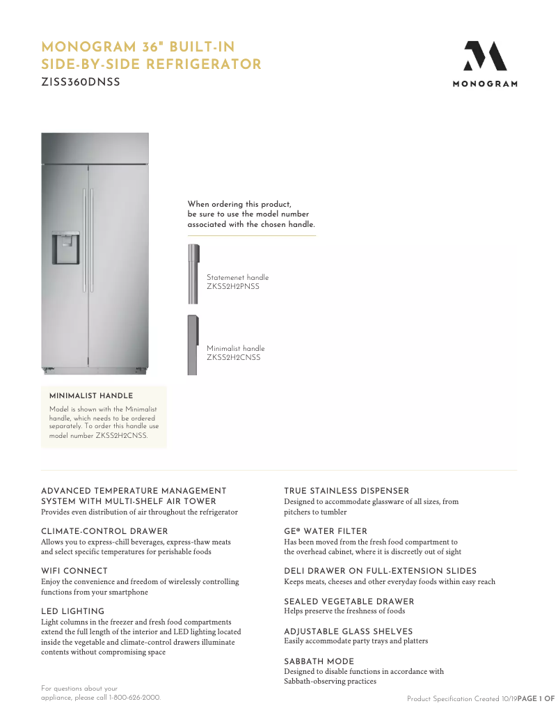 Page 1 of the manual Technical Sheet Monogram ZISS360DNSS