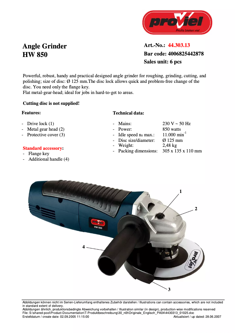 Page 1 of the manual Technical Sheet Proviel HW 850