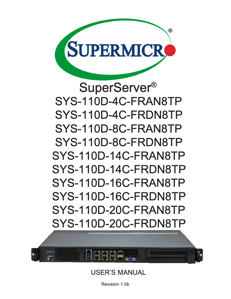 Page 1 of the manual User Manual Supermicro SuperServer SYS-110D-4C-FRAN8TP