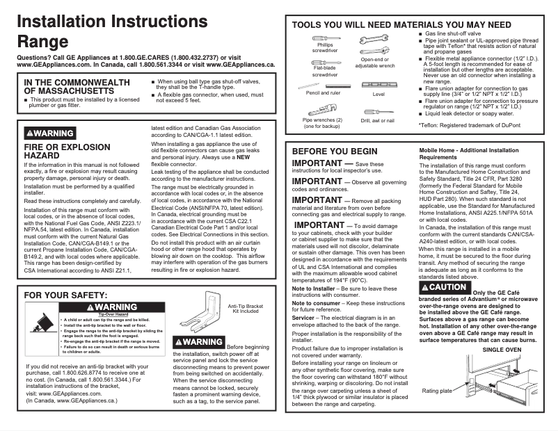 Page 1 of the manual Installation Guide GE JGSS66EELES