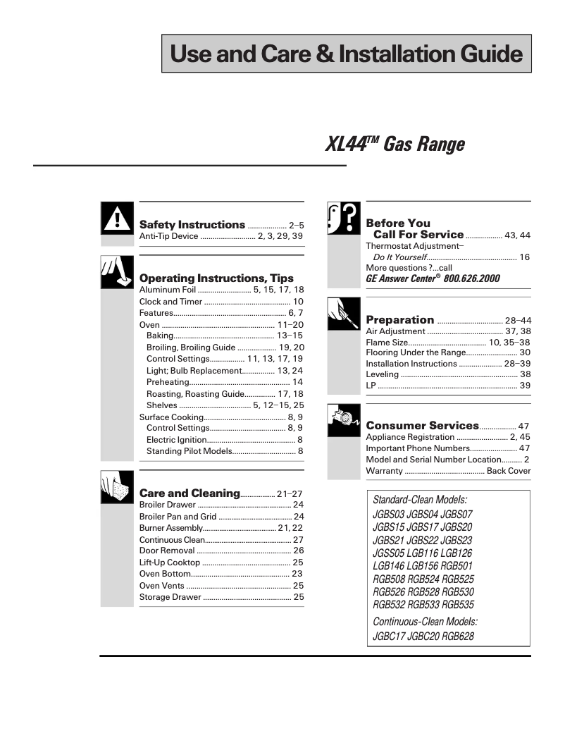 First page image of the manual for JGBC17PEAAD