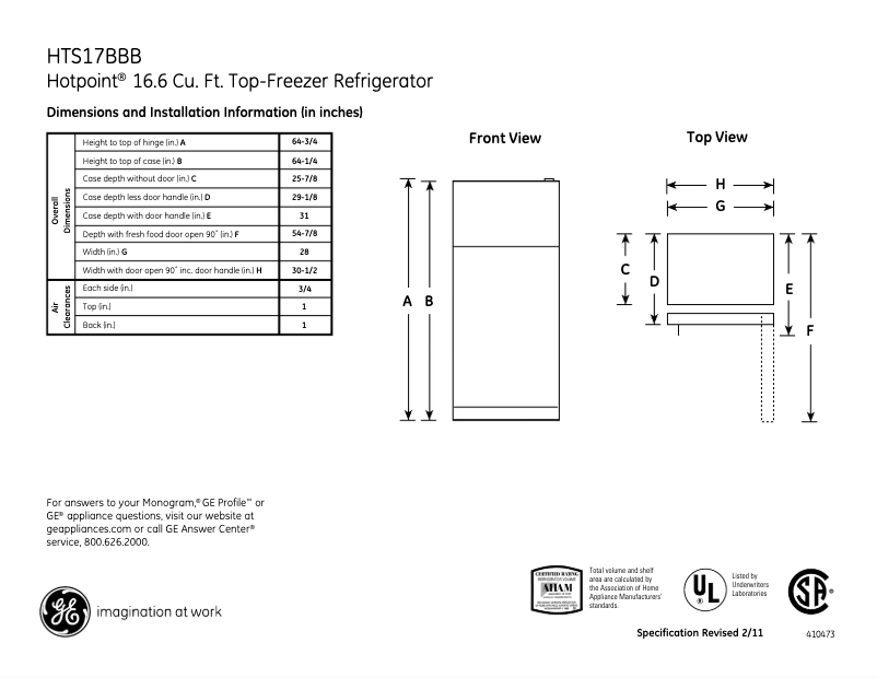 Page 1 of the manual Technical Sheet Hotpoint HTS17BBBRCC