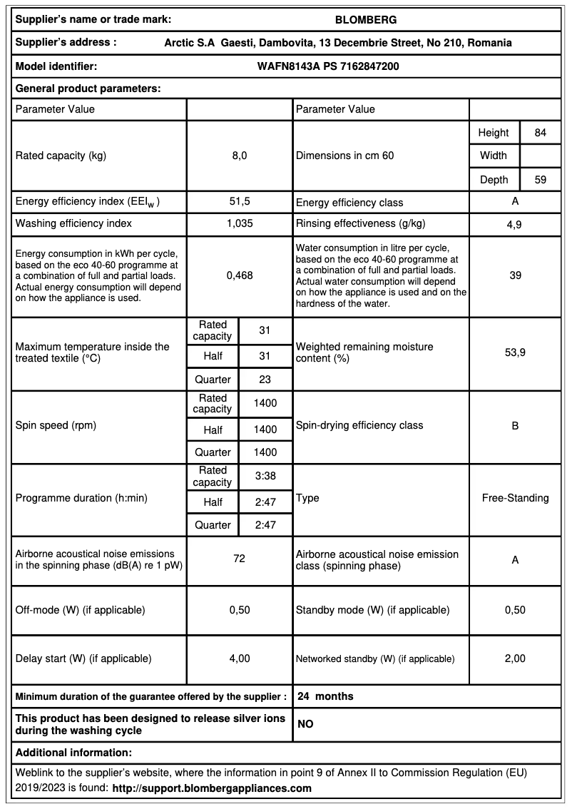 Page 1 of the manual Technical Sheet Beko WAFN8143A PS