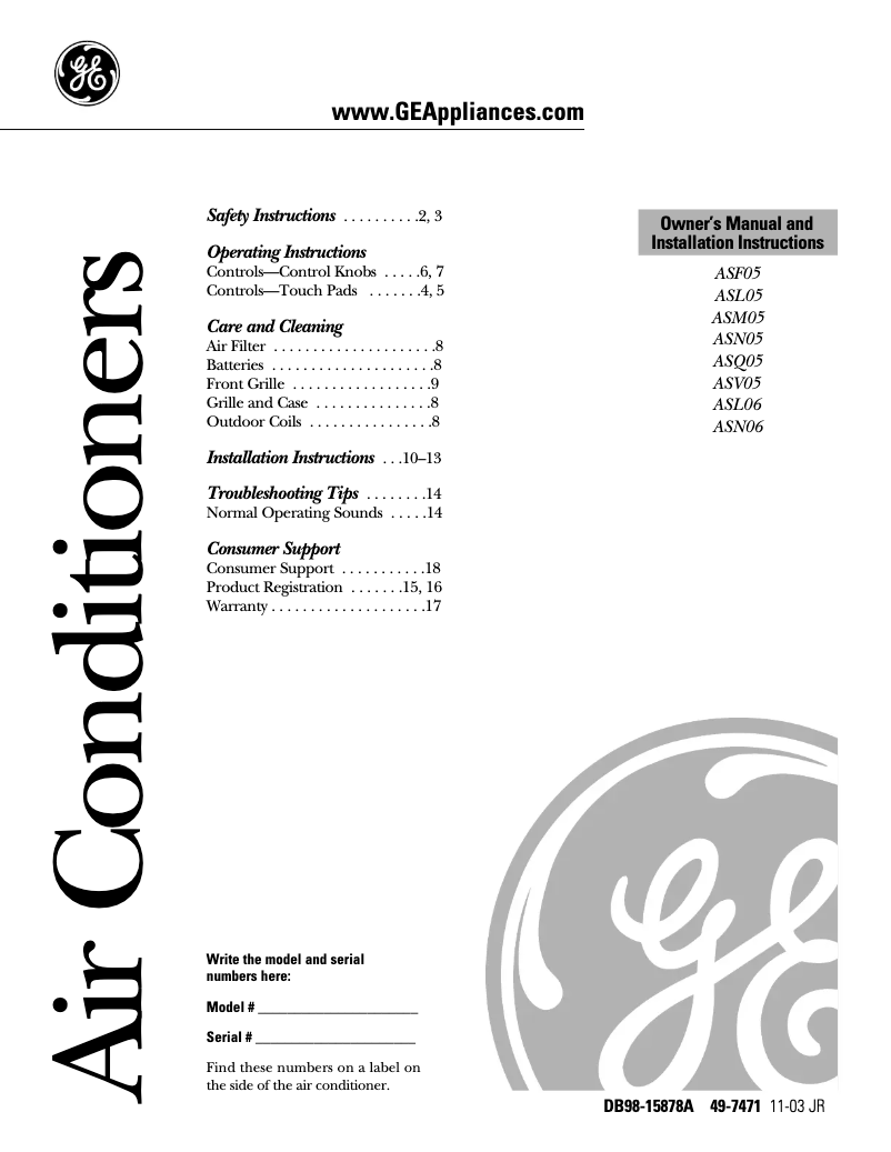 Page 1 of the manual Installation Guide GE ASL06LC