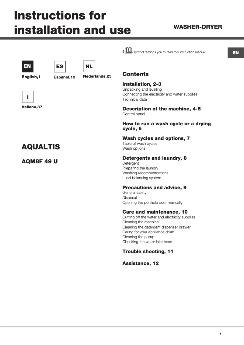 Page 1 of the manual User Manual Hotpoint Ariston AQM8F 49 U EU