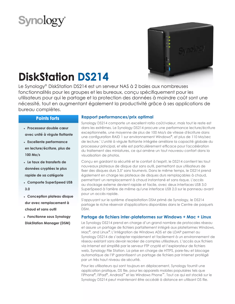 Page 1 of the manual Technical Sheet Synology DiskStation DS214