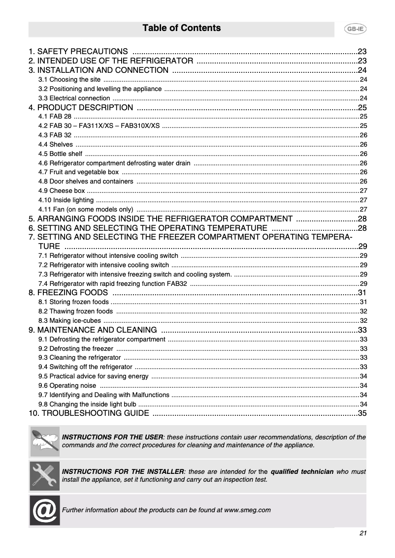 Page 1 of the manual User Manual Smeg FAB 30 R7