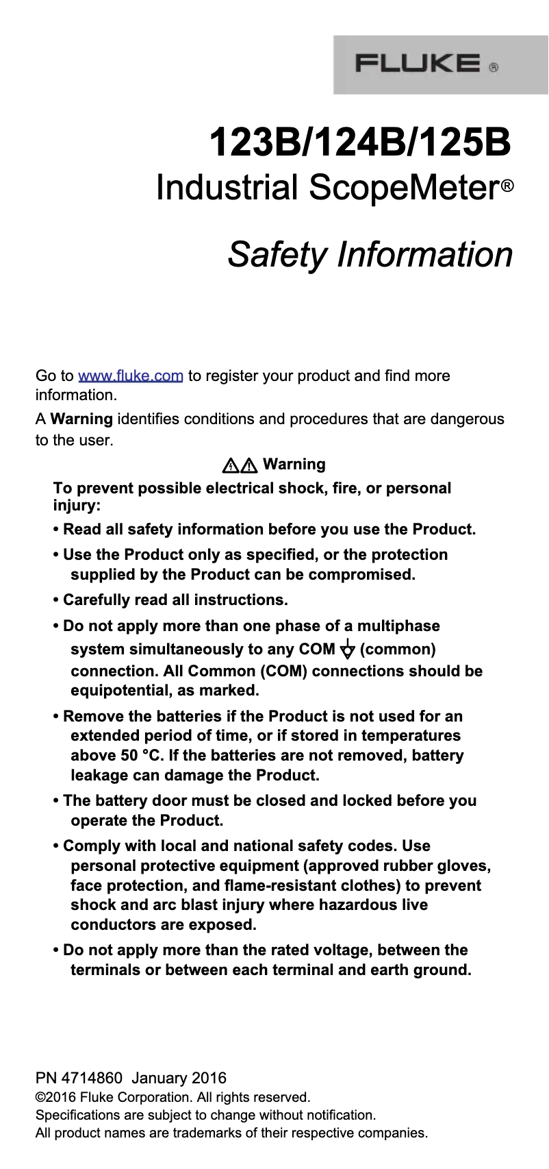 Page 1 of the manual Safety Instructions Fluke 120B