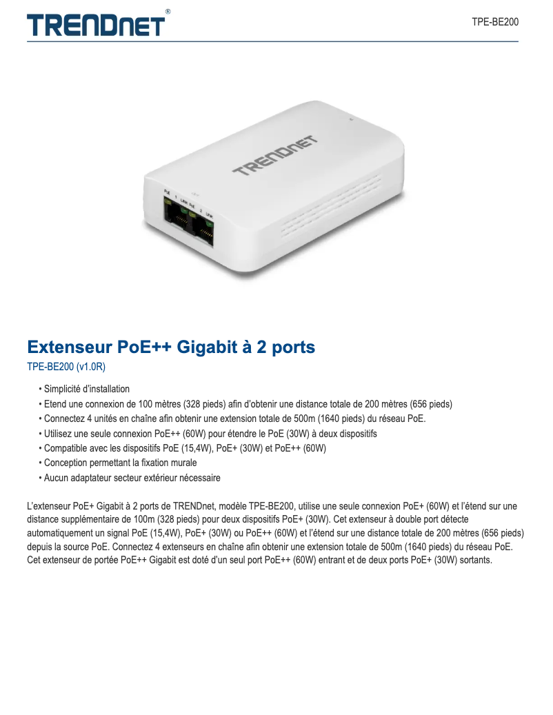 Page 1 de la notice Fiche technique TRENDnet TPE-BE200