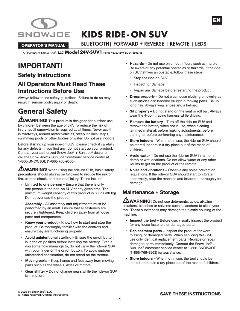 Page 1 of the manual User Manual Snow Joe 24V-SUV1