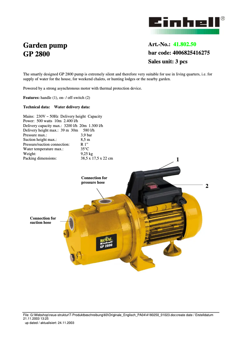 Page 1 of the manual Technical Sheet Einhell Royal GP 2800