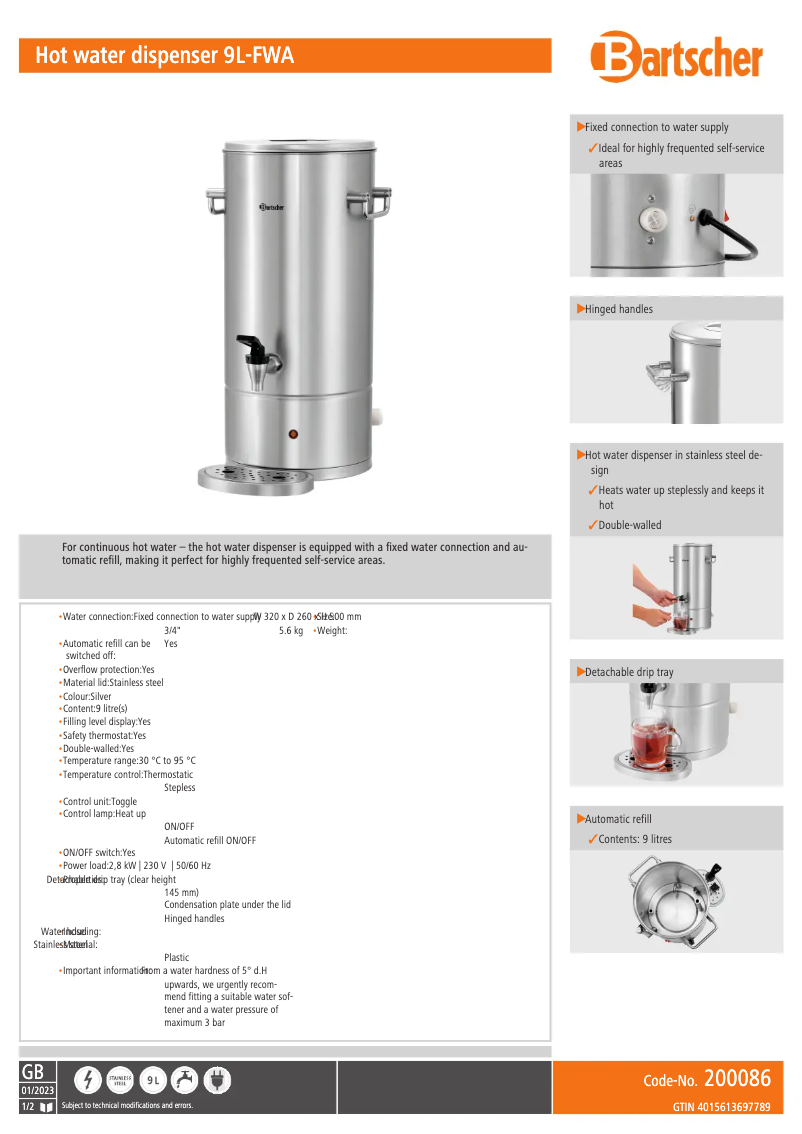 Page 1 de la notice Fiche technique Bartscher 9L-FWA