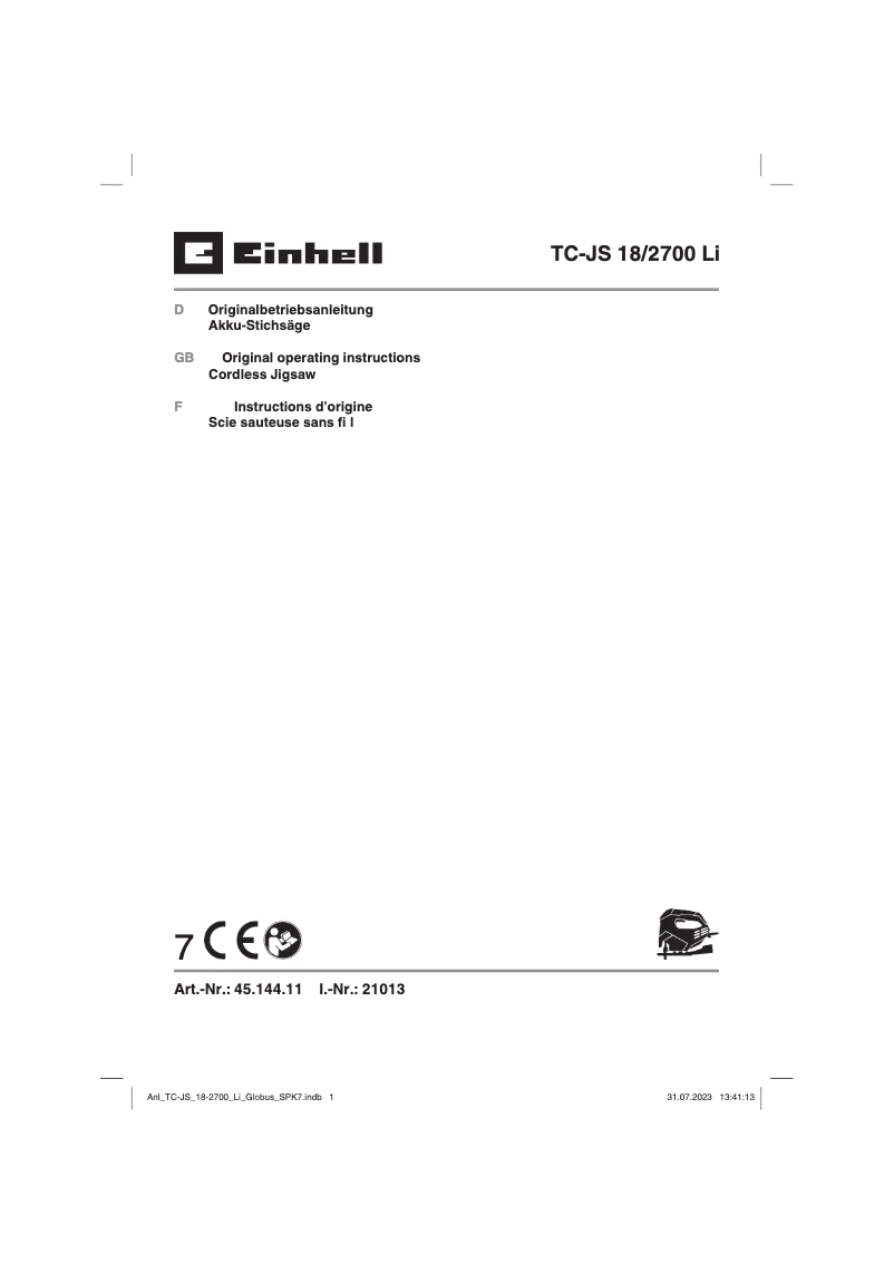 First page image of the manual for TC-JS 18/2700 Li