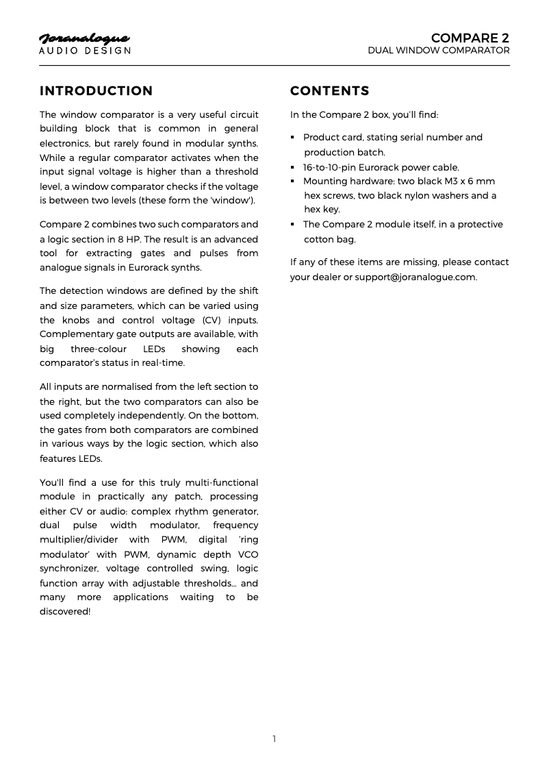 Page 1 of the manual User Manual Joranalogue Compare 2
