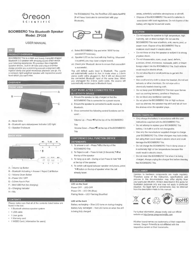 Page 1 of the manual User Manual Oregon Scientific Boombero ZP338