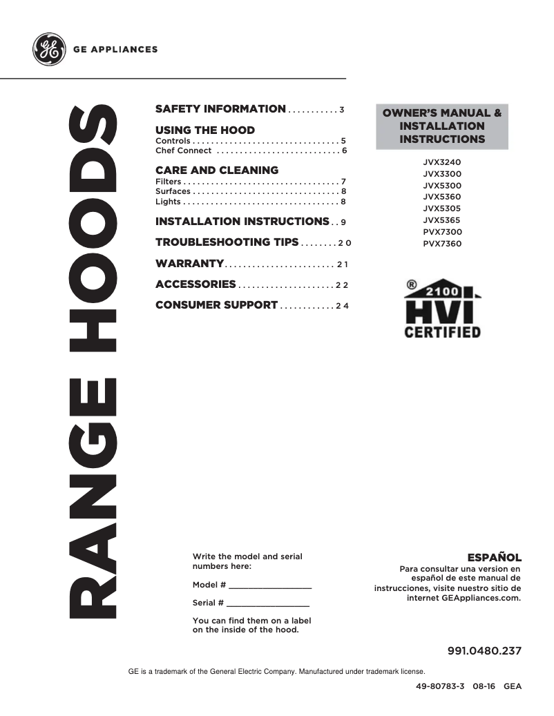 Page 1 of the manual Technical Sheet GE JVX3300DJWW