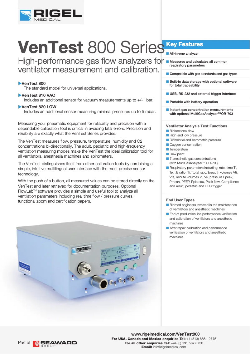 Page 1 of the manual Technical Sheet Rigel Medical VenTest 800